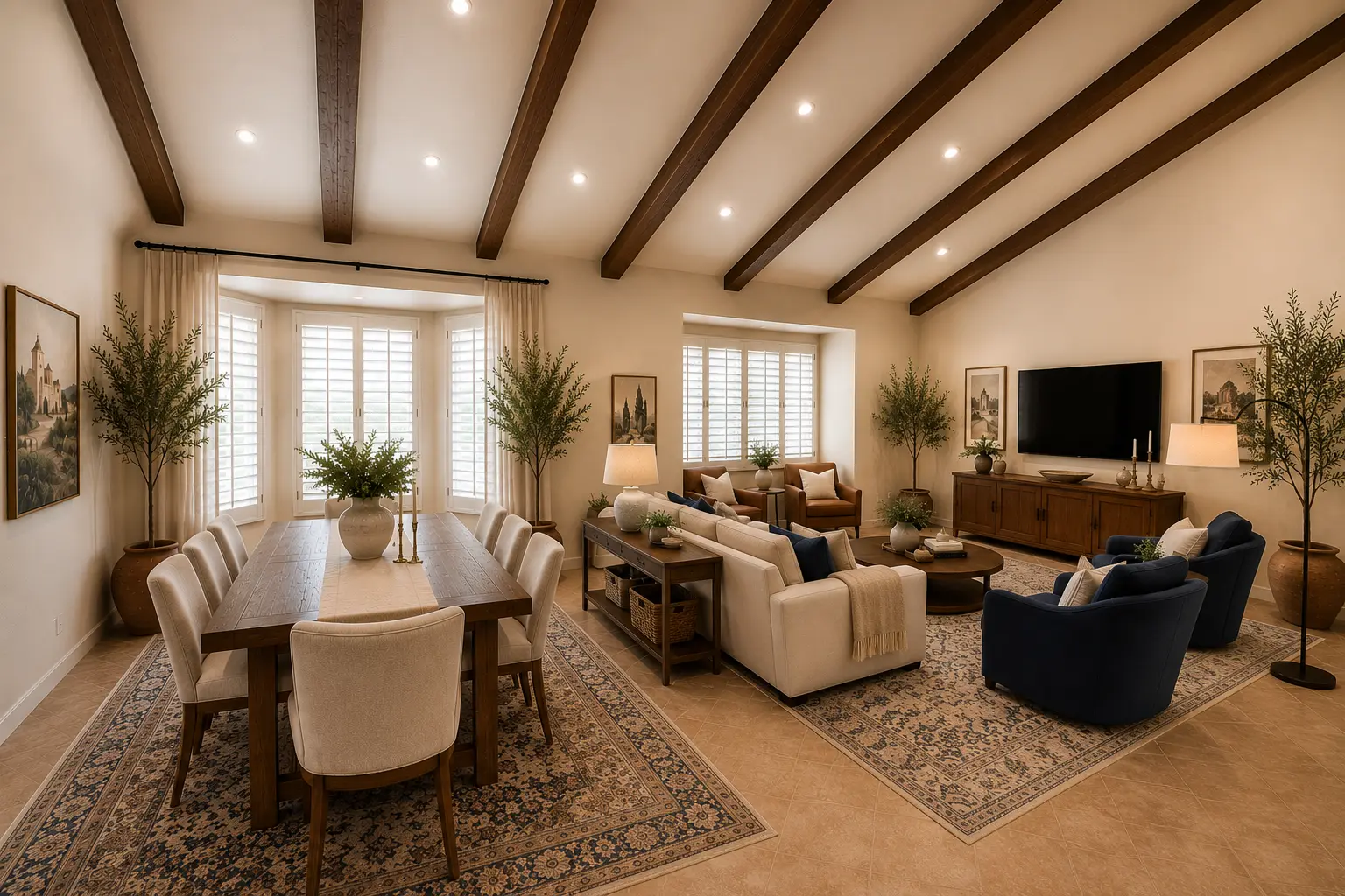 Open living and dining under vaulted beams