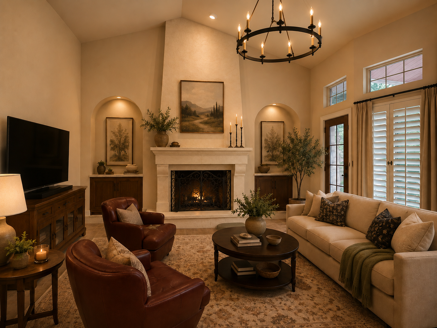 Cast stone fireplace with arched niches